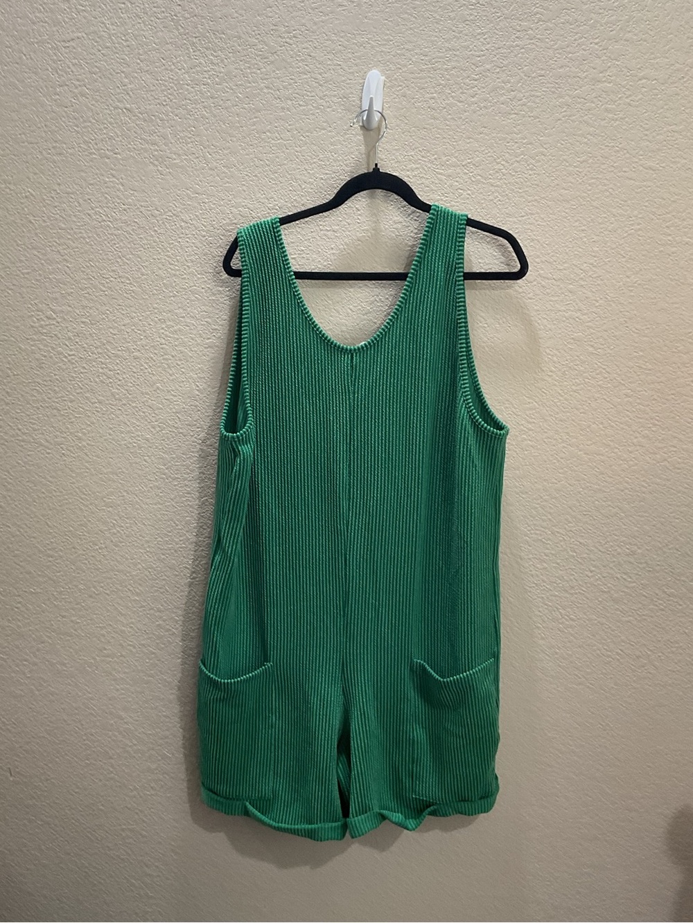 HEIMISH USA Emerald Green Ribbed Sleeveless Romper with Front Pockets